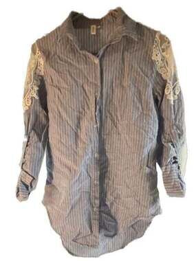 Olivia K Women's Blue Pinstripe Button-Up Shirt with Lace Shoulder Accents